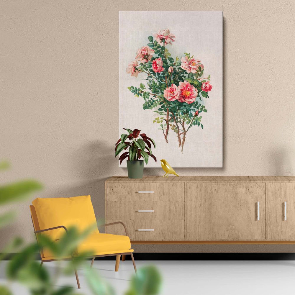 Vintage-inspired wall art featuring pink roses and green leaves from a 19th-century design by L. Prang & Co, printed on premium canvas to create a romantic and sophisticated look for your living room, bedroom, or office.