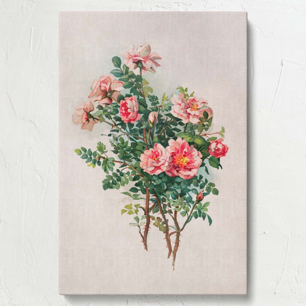 Exquisite wall canvas print featuring a vintage 1870 design by L. Prang & Co with pink roses and green leaves, crafted in high resolution, making it an ideal decorative piece for traditional or modern interiors with a romantic floral theme.
