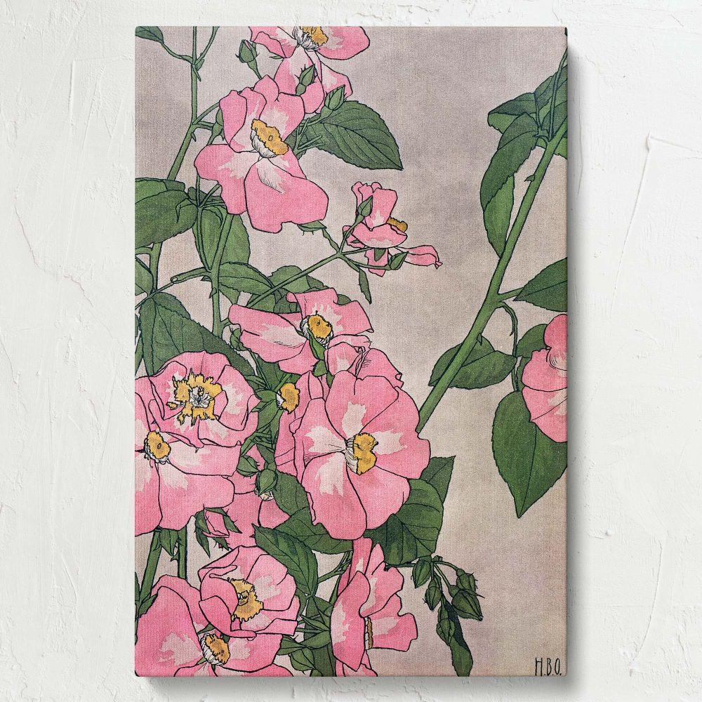 Hannah Borger Overbeck's Prairie Rose 1915 artwork on canvas features delicate pink roses with lush green details, a vibrant floral design ideal for botanical enthusiasts or creating a calming yet elegant centerpiece for interior wall decoration.