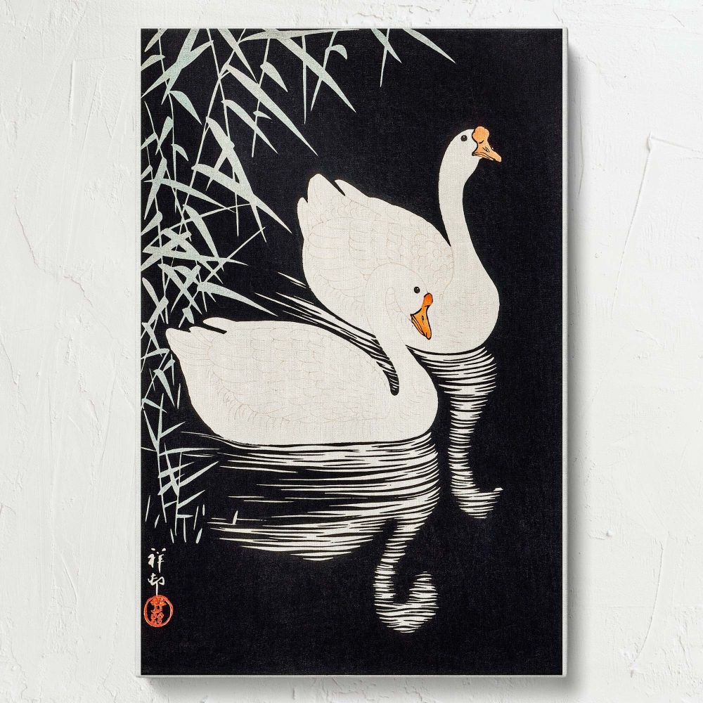 Stunning 1928 painting by Ohara Koson capturing white Chinese geese swimming gracefully by reeds, with intricate feather details and calming ripples in the water, brought to life against a dramatic dark background in the kacho-e style.