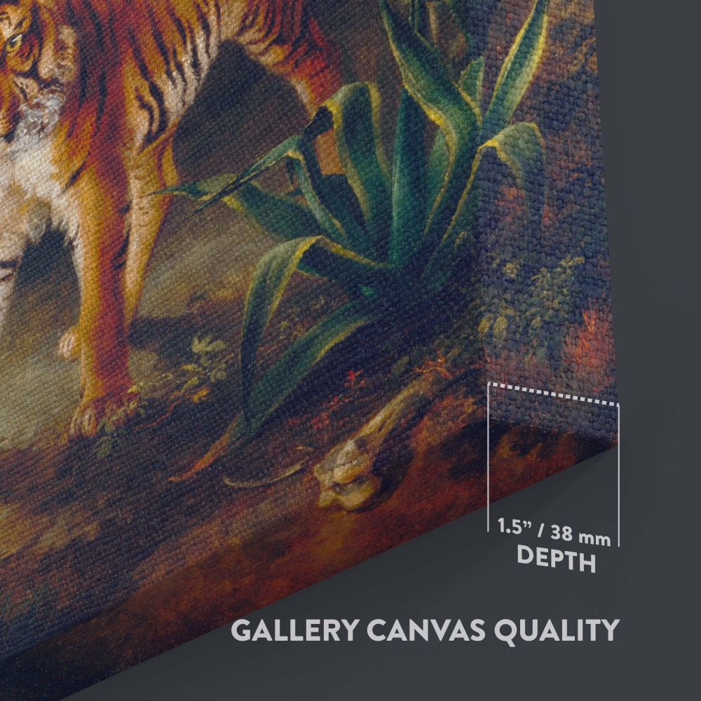 The Tiger in a Cave painting by Jacques-Laurent Agasse from 1814 features a powerful tiger illuminated by soft sunlight, standing inside a rocky cave surrounded by exotic plants and a vibrant scenic background, blending realism with natural beauty.