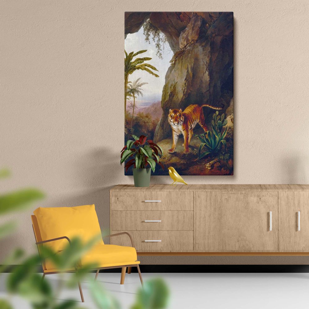 A close-up view of Jacques-Laurent Agasse's iconic 1814 painting Tiger in a Cave with a detailed tiger set against a rocky cave, tropical plants, and a warm light-infused landscape, blending nature's vibrancy with the artist's mastery.