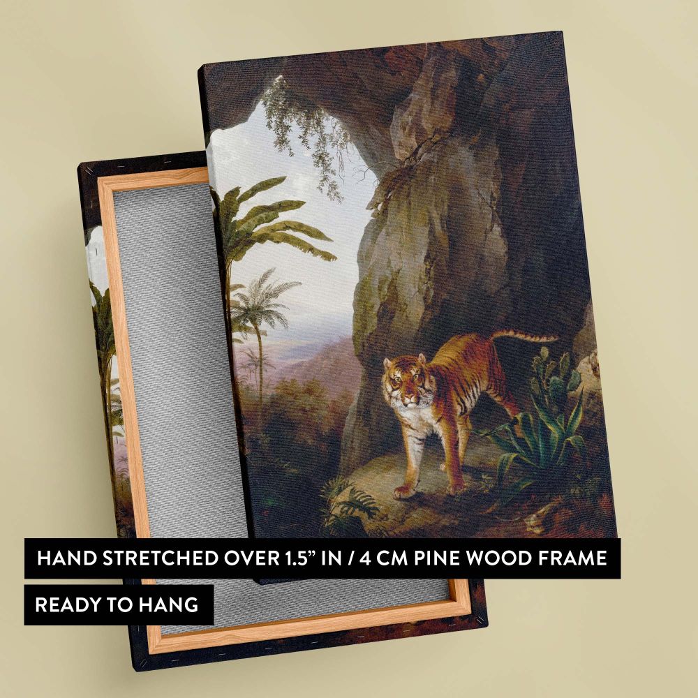 High-resolution painting Tiger in a Cave by Jacques-Laurent Agasse from 1814 featuring a lifelike tiger standing alert at a cave's entrance, surrounded by lush vegetation and warm hues that convey the majesty of wild animals in their natural habitats.