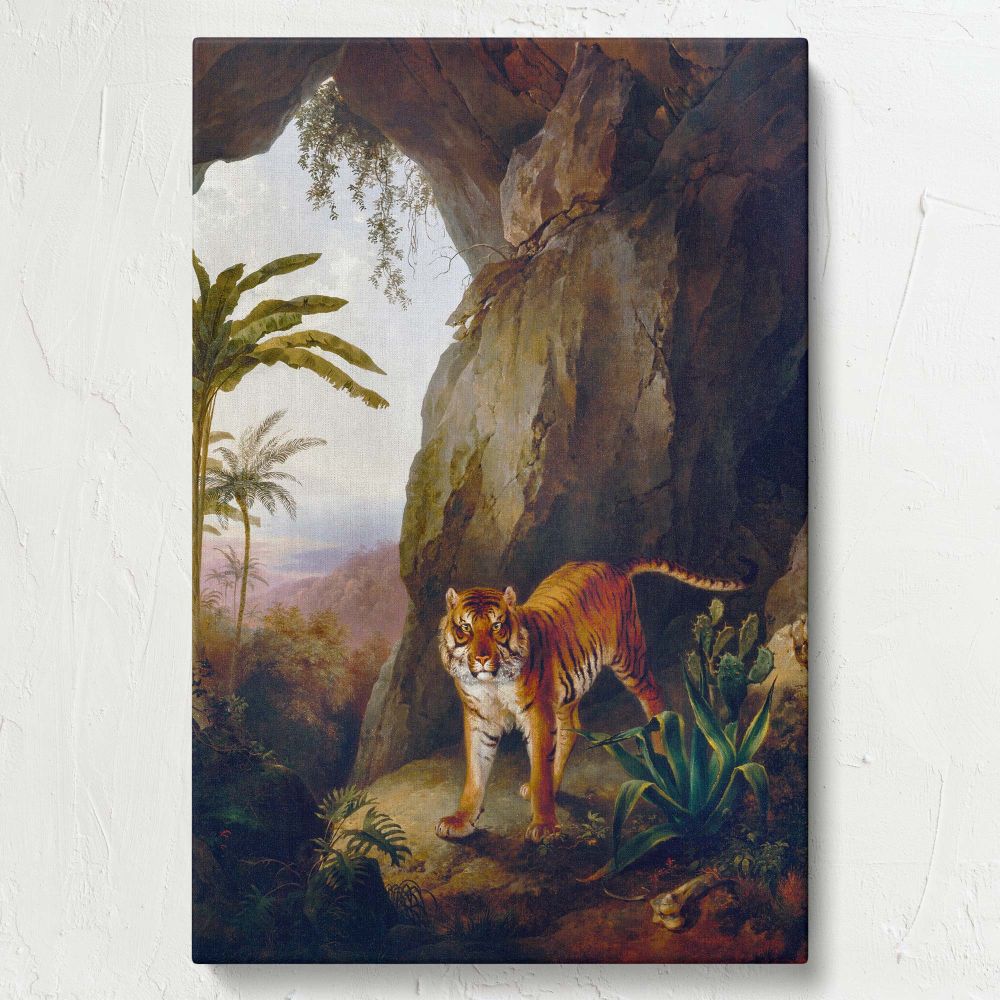 Jacques-Laurent Agasse's 1814 masterpiece Tiger in a Cave featuring a tiger standing in a rocky cave amidst tropical plants, showcasing intricate details and the majestic wilderness captured in this famous wildlife painting.
