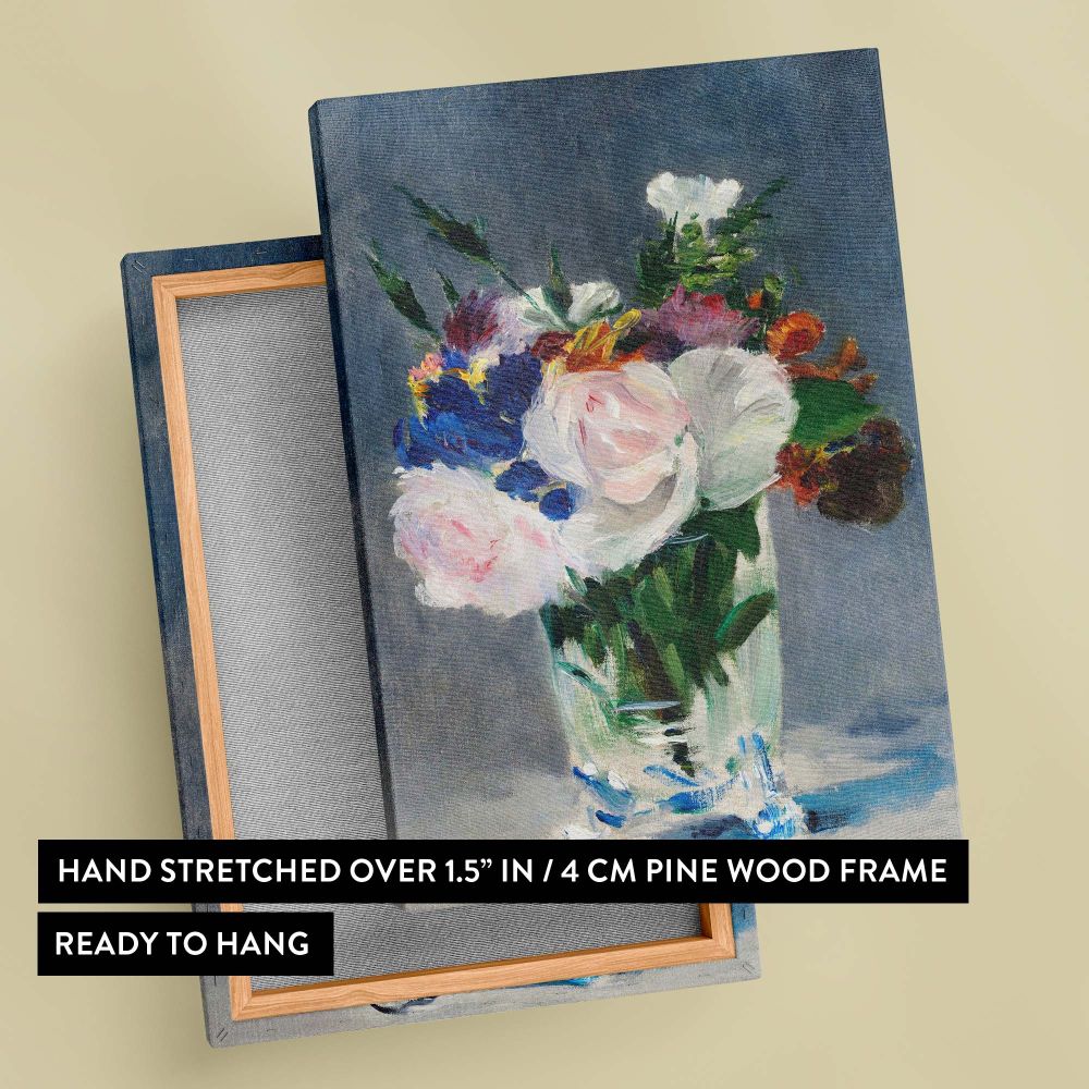 Edouard Manet's Flowers in a Crystal Vase captures the fleeting beauty of flowers arranged in a glass vase, with vivid pink, white, and blue hues standing out against a soft gray background in this elegant impressionist artwork.