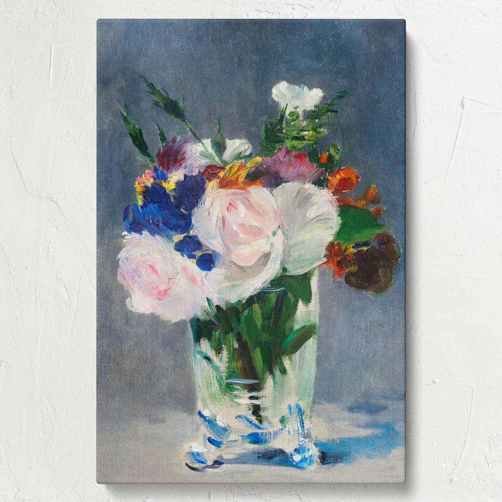 A timeless artwork by Edouard Manet, Flowers in a Crystal Vase presents a floral still life of vibrant blooms in a clear vase, rendered with dynamic brushwork and contrasting hues to create an elegant and calming aesthetic.