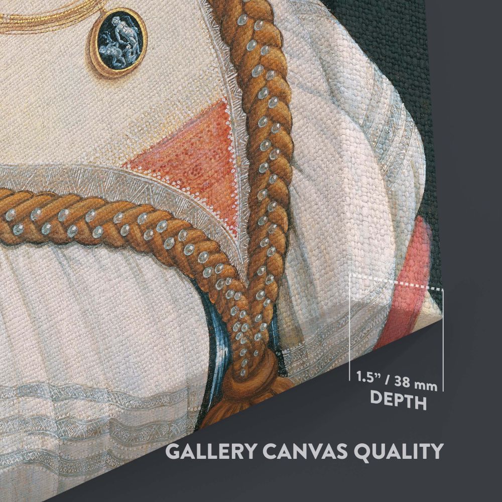 This 1480 painting by Botticelli, Idealized Portrait of a Lady, depicts a poised woman with delicate golden curls, pearls, and intricate details in her attire, blending Renaissance sophistication with artistic mastery in a stunning wall art canvas.