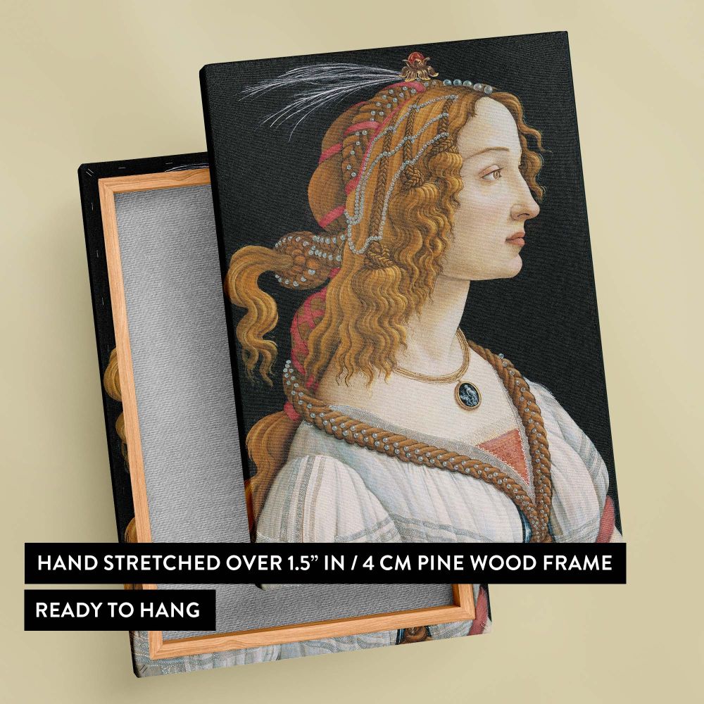 This Idealized Portrait of a Lady by Botticelli is a timeless Renaissance painting featuring detailed golden curls, pearls, and ornate jewelry, highlighting the elegance and cultural richness of the 15th century in a stunning artwork for wall decor.