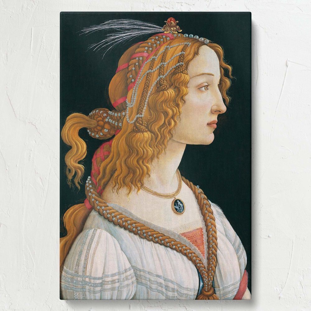 Botticelli's Idealized Portrait of a Lady from 1480 is a stunning example of Renaissance art, featuring elegant golden curls, pearls, and a serene expression that make it a timeless piece for sophisticated wall decor and classic interiors..