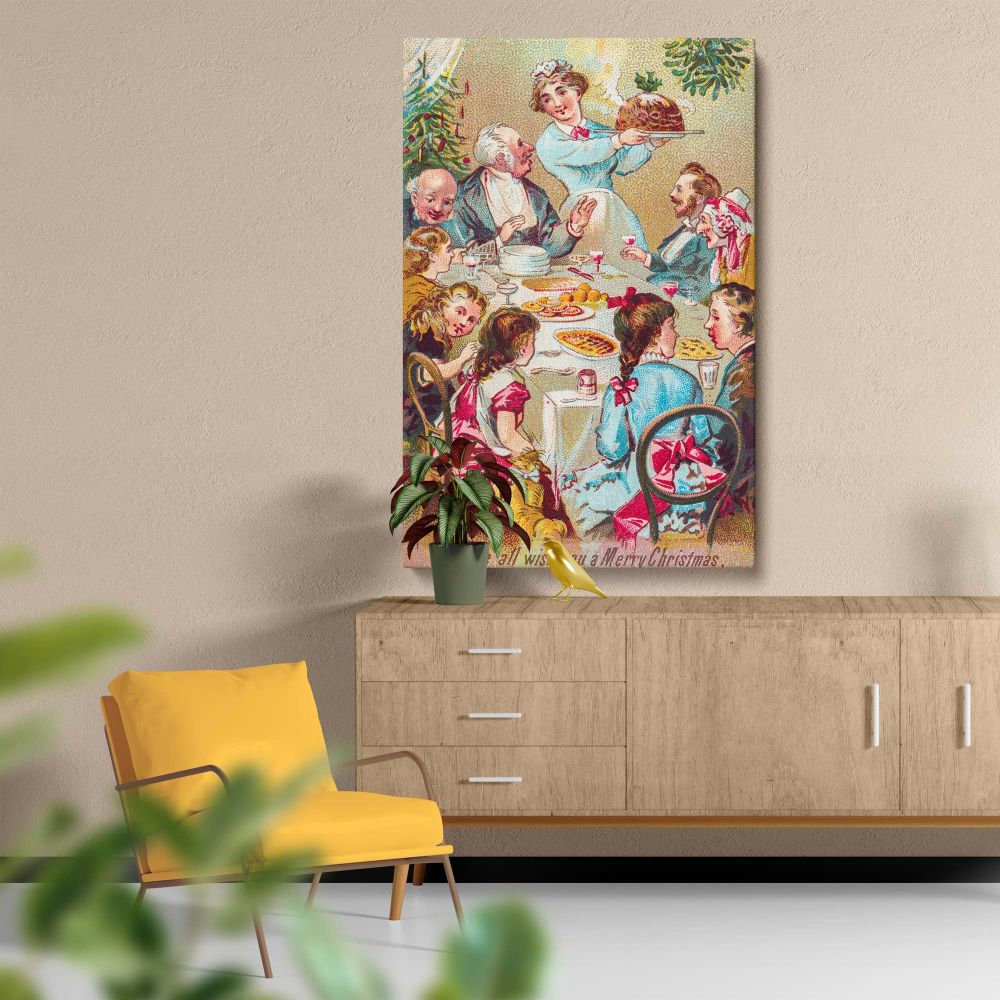 Antique Christmas artwork featuring a Victorian family's holiday celebration with glowing tree, festive feast, and traditional plum pudding, preserved from Rare Book Division archives and printed on vibrant, durable wall canvas.