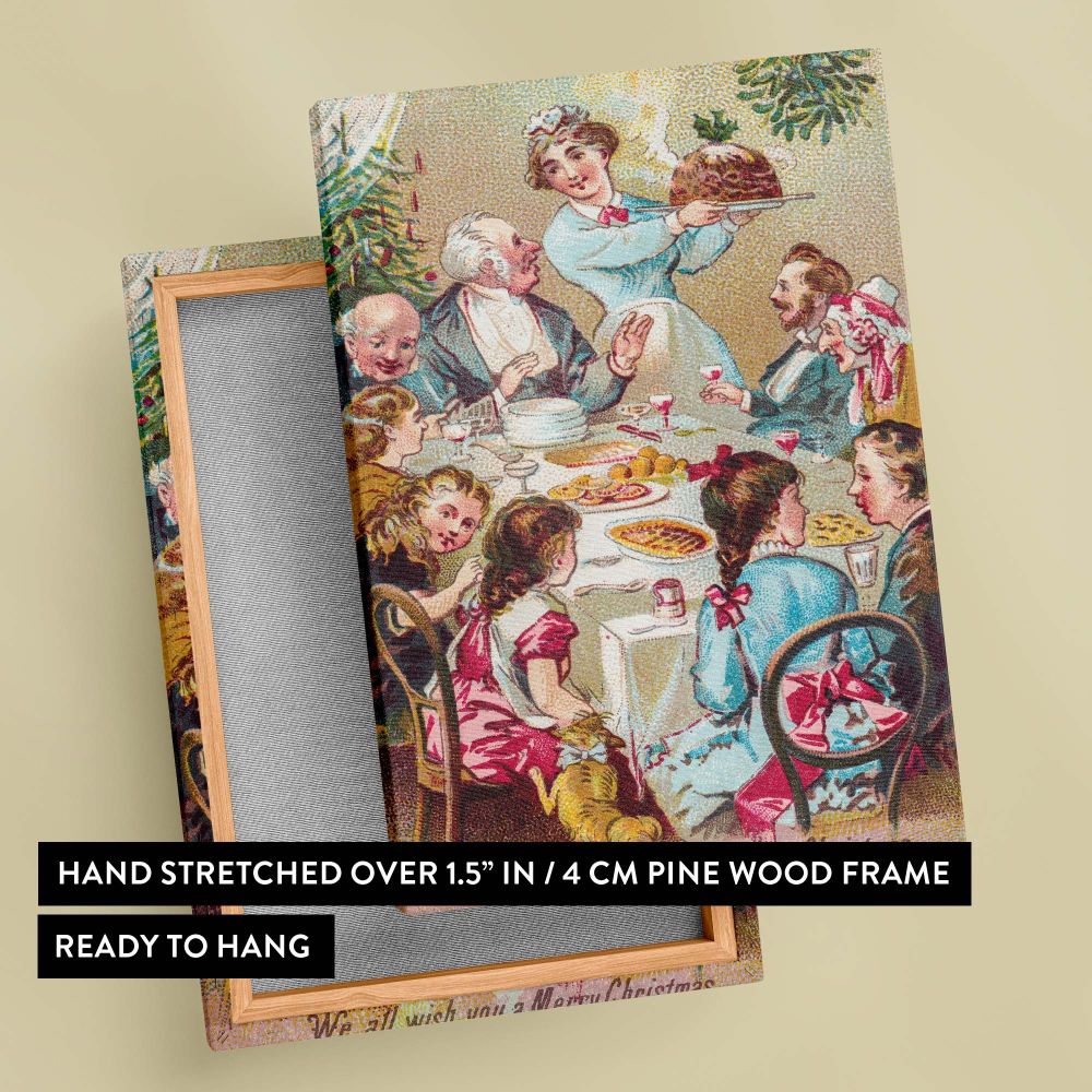 A vibrant vintage Christmas dinner scene from 1800-1900, showcasing a happy Victorian family gathered around a festive holiday table with a glowing tree and nostalgic holiday charm, beautifully printed on a premium-quality canvas for decor.