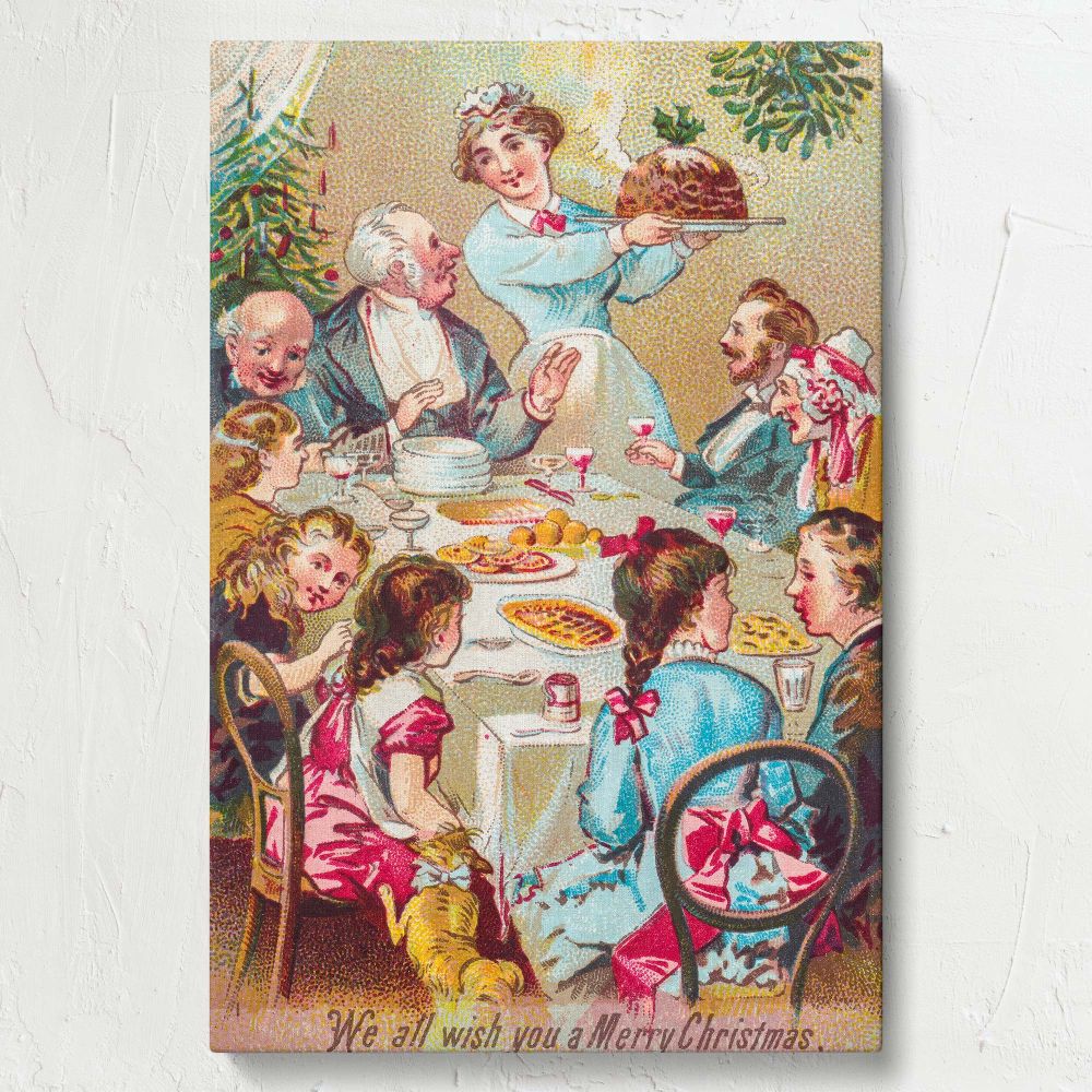 Rare Book Division artwork We all wish you a merry Christmas, depicting a Victorian-era festive dinner with family, glowing tree, and traditional desserts, recreated on canvas with historical details and vibrant seasonal colors for wall display.