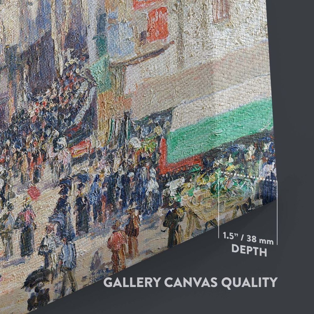 Camille Pissarro's 1898 painting Grocery Street Rouen, highlighting a lively marketplace scene with bustling shoppers, charming architecture, and towering cathedrals, recreated as a detailed impressionist wall canvas for artistic home decoration.