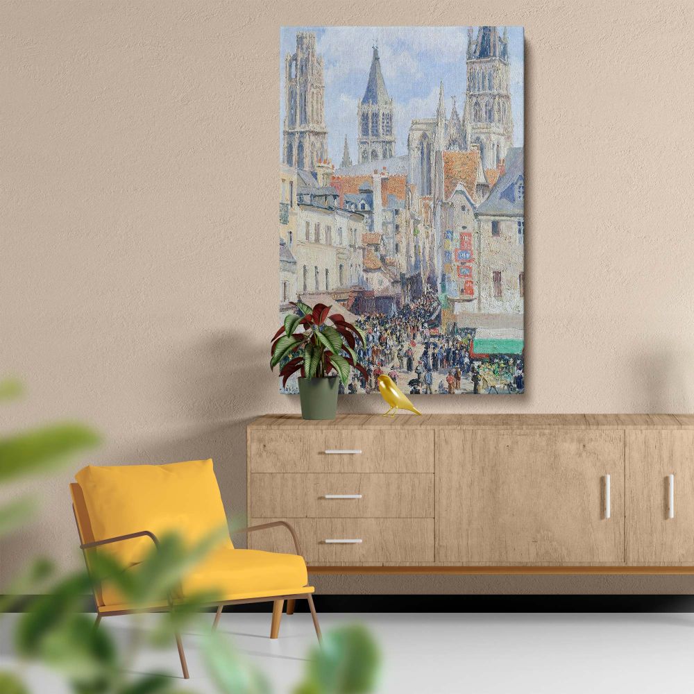 High-resolution canvas of Grocery Street Rouen by Camille Pissarro, capturing the vivid energy of a 19th-century French marketplace with its crowd of shoppers, charming urban architecture, and historic cathedral view in impressionist style.