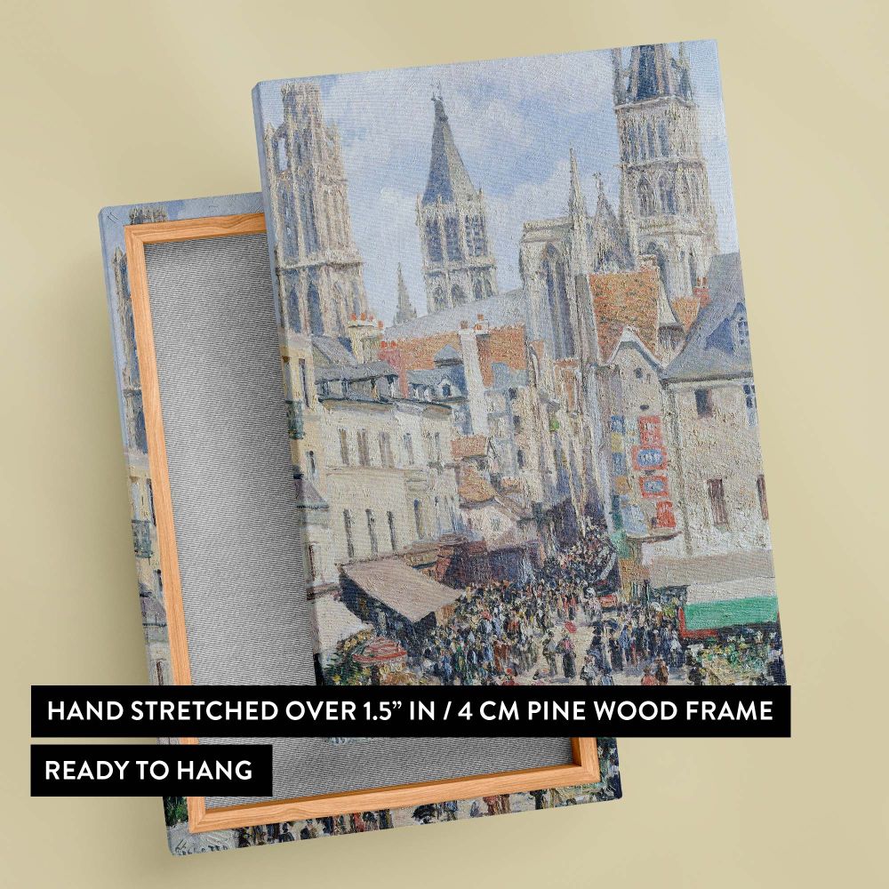 Beautiful impressionist artwork Grocery Street Rouen by Camille Pissarro, portraying a bustling French market surrounded by historic architecture and dominated by Rouen's cathedral, offering an iconic urban landscape for home decor.