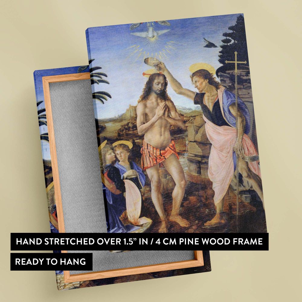 Stunning Renaissance artwork Baptism of Christ by Leonardo da Vinci, emphasizing spiritual themes of holiness and faith with vivid details, heavenly light, and symbolic imagery, presented as an inspiring decorative canvas for any sacred space.
