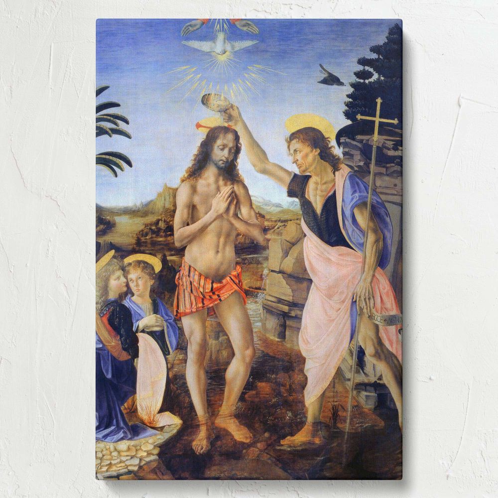 Artistic masterpiece Baptism of Christ by Leonardo da Vinci, illustrating the sacred act of Jesus' baptism with divine elements like the descending dove and angelic figures, beautifully reproduced for wall decor with exceptional clarity and color.