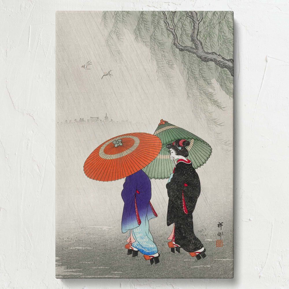 Ohara Koson's Two Women in the Rain portrays a delicate scene with two women holding umbrellas as soft rain falls, surrounded by swaying willow branches and an ethereal backdrop of mist-covered landscapes, emphasizing traditional Japanese elegance.