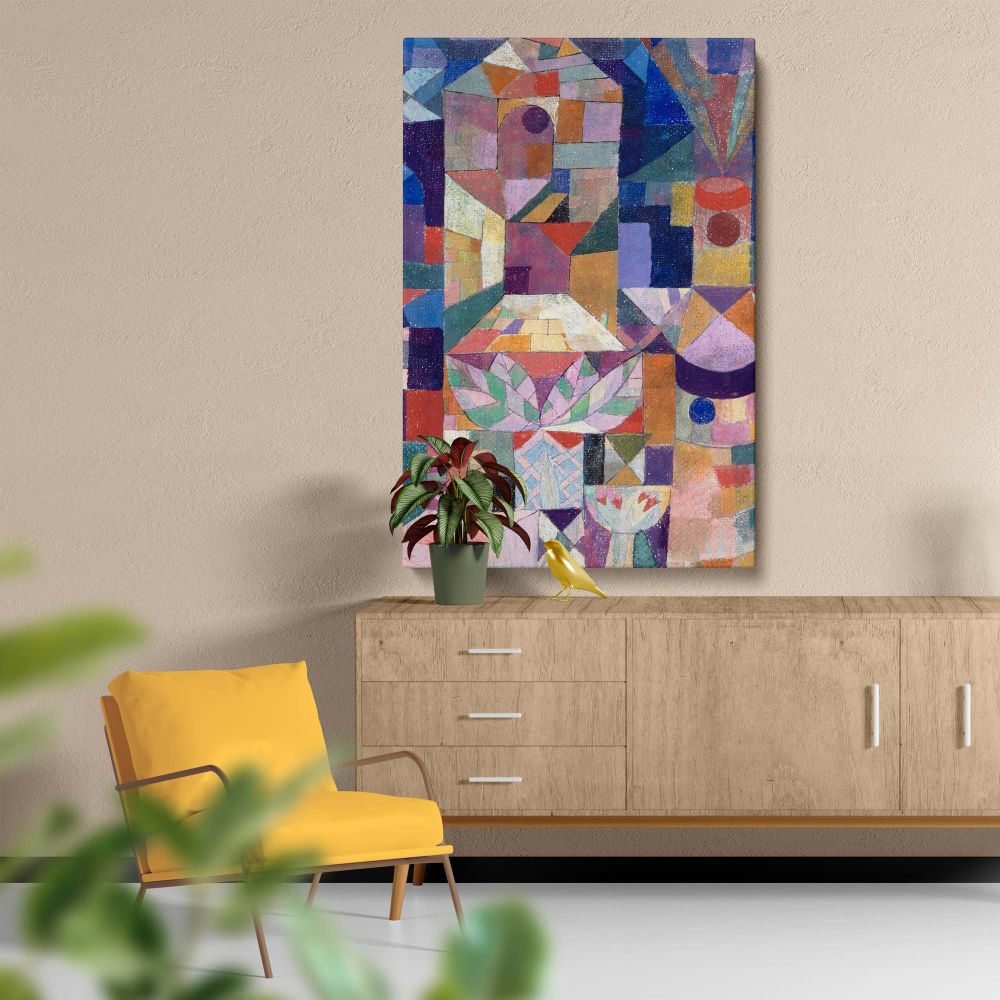 Modern art canvas featuring Paul Klee's Burggarten with vibrant abstract patterns and geometric designs, a high-resolution reproduction of the 1919 masterpiece that adds an artistic and colorful focal point to any interior setting.
