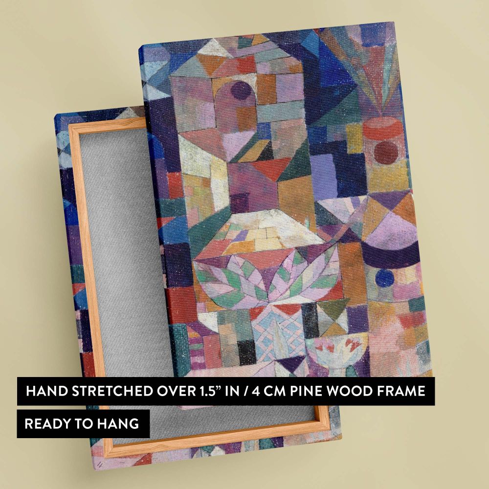 High-quality canvas print of Burggarten 1919 by Paul Klee, showcasing bold colors, intricate patterns, and geometric artistry, perfect for abstract art enthusiasts seeking unique and vibrant wall decor that celebrates modernist aesthetics.