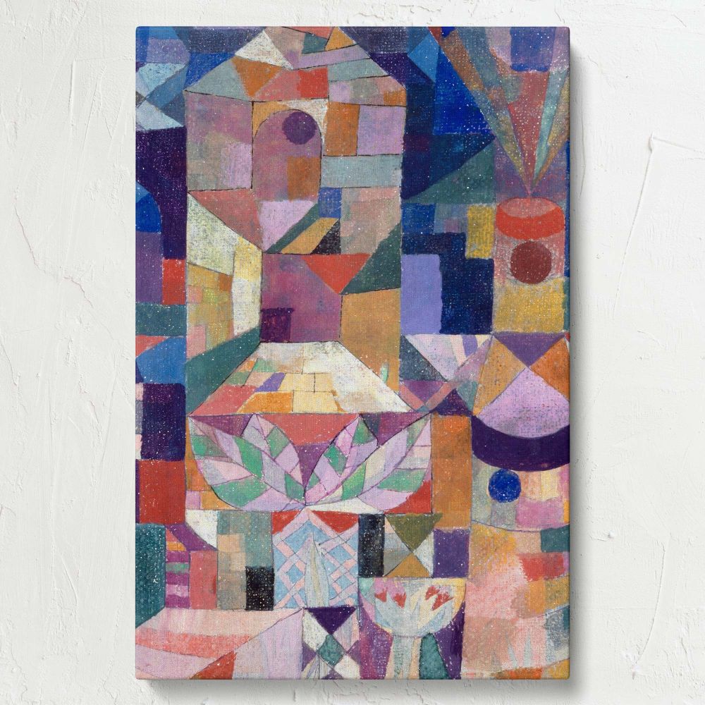 Paul Klee's Burggarten in high-resolution, displaying a vivid abstract design with colorful geometric shapes and intricate textures, available as a wall canvas for modern interiors and art lovers seeking iconic Bauhaus-inspired artwork.