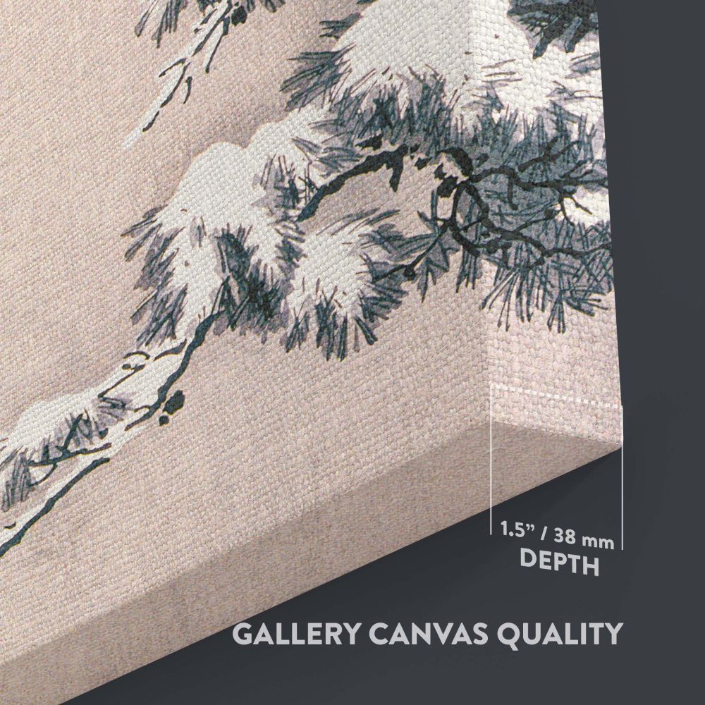 Goshawk on Snow-covered Pine Bough by Ohara Koson in vibrant detail, showcasing a tranquil bird amid frosty branches, capturing the essence of Japanese woodblock art and adding a sophisticated touch to any living or working space.