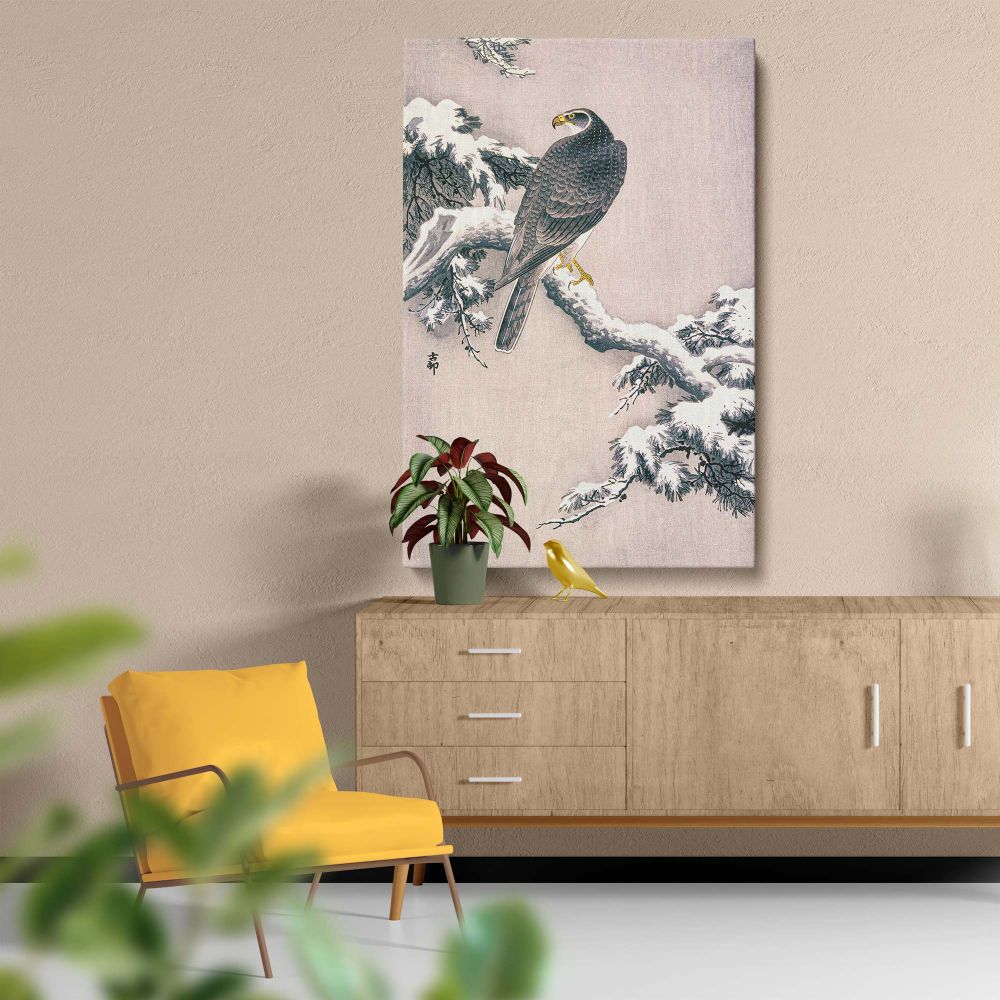Beautifully crafted canvas of Ohara Koson's Goshawk on Snow-covered Pine Bough, illustrating the peaceful essence of a snowy pine tree and a regal goshawk, perfect for adding elegance and nature's beauty to your home or office walls.