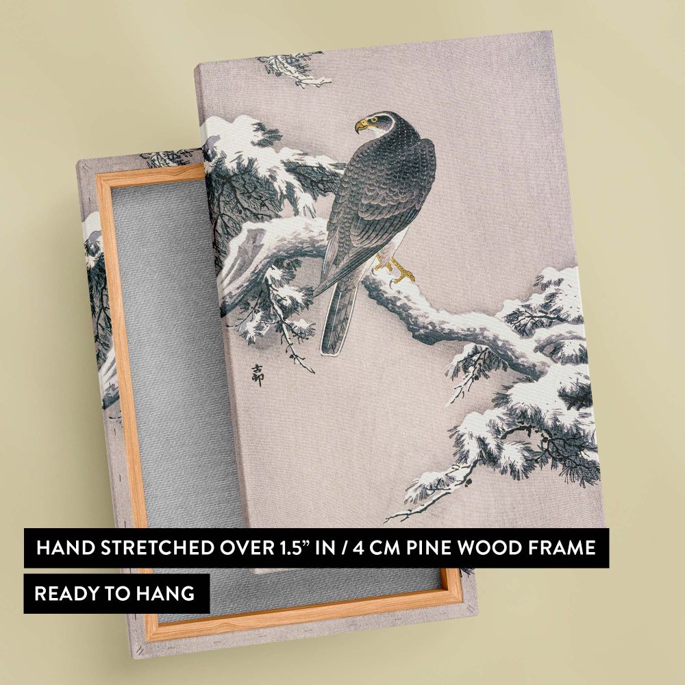 Japanese woodblock painting Goshawk on Snow-covered Pine Bough by Ohara Koson, meticulously reproduced as a high-resolution canvas, featuring a majestic bird resting on frost-covered branches for serene, nature-inspired decor.