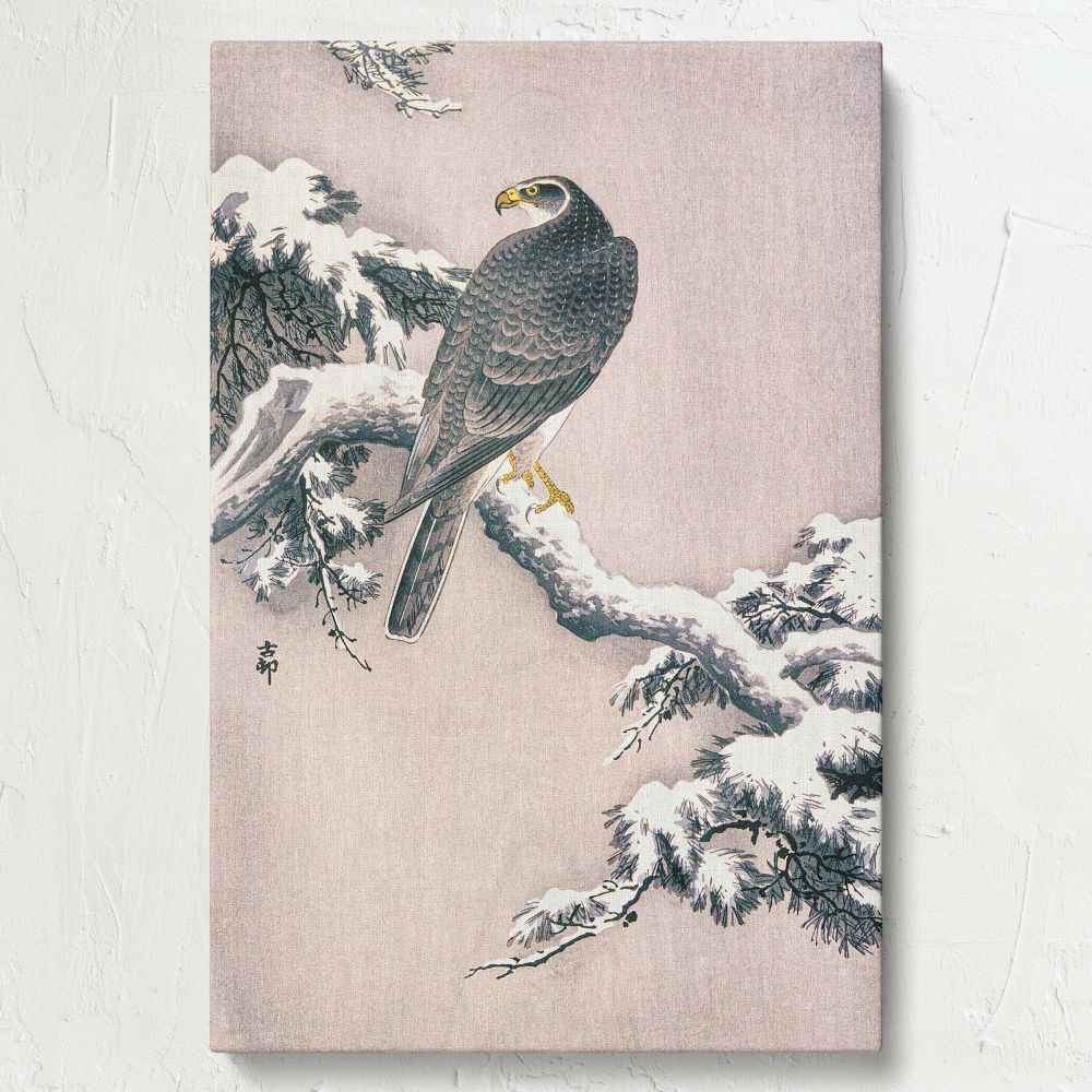 A captivating depiction of a goshawk on snow-laden pine boughs, Ohara Koson's Goshawk on Snow-covered Pine Bough is presented in premium-quality canvas form, combining traditional Japanese art with timeless winter elegance.