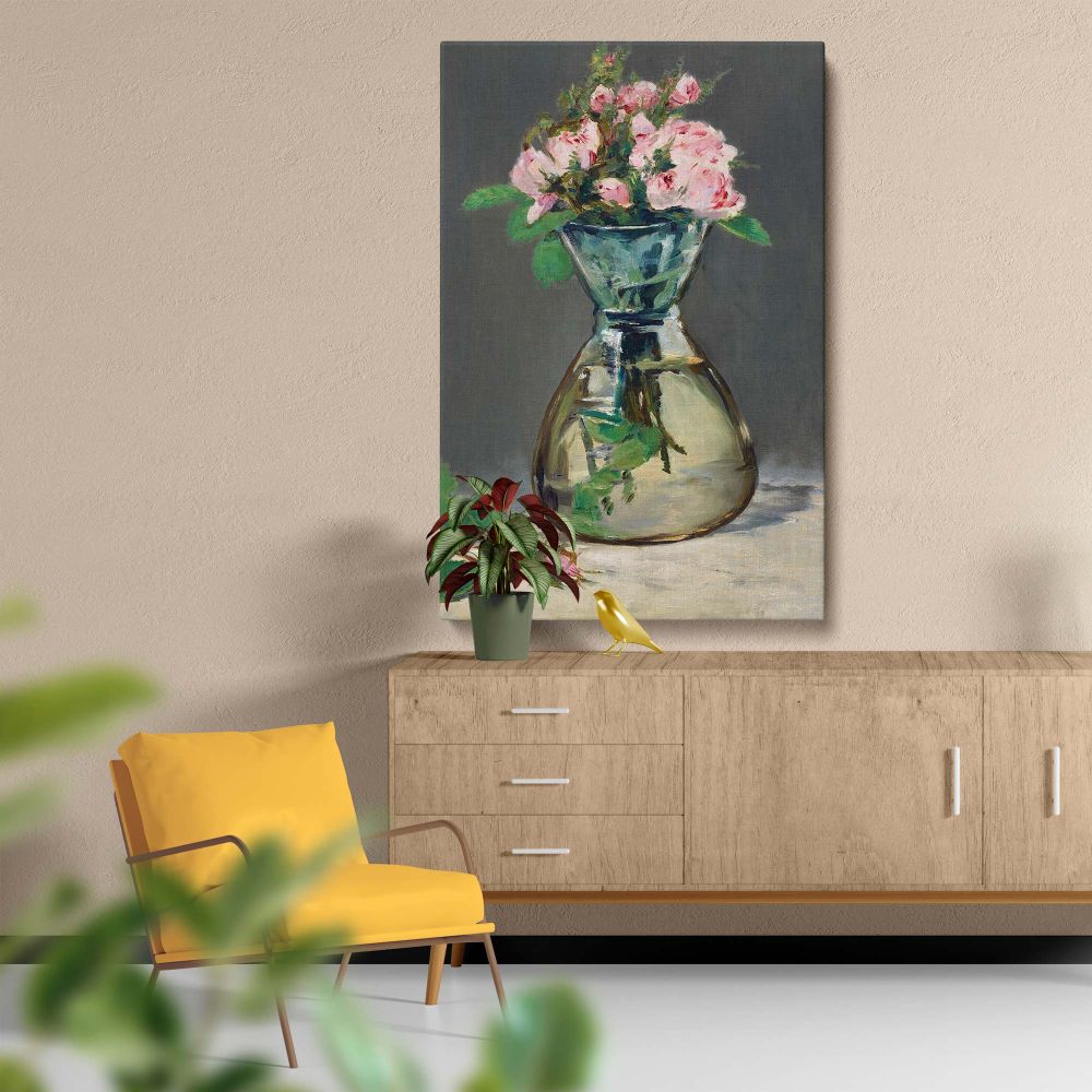 Premium canvas art of Moss Roses in a Vase by Edouard Manet, a captivating still life painting with soft pink flowers arranged in a glass vase, ideal for creating a serene, elegant, and artistic ambiance in living spaces or professional environments.