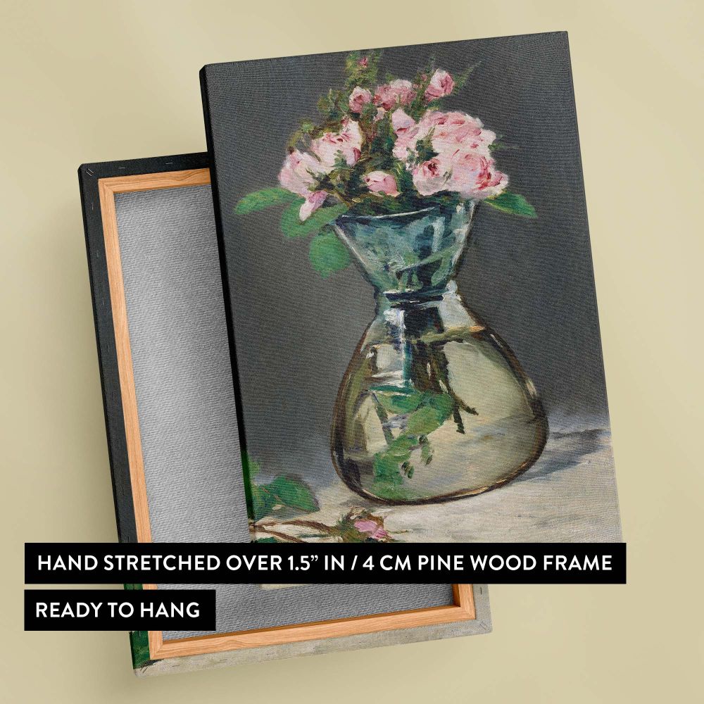 Detailed reproduction of Moss Roses in a Vase by Edouard Manet, featuring vibrant pink roses in a glass vase with naturalistic textures and soft tones, a perfect centerpiece for classic and contemporary wall decor in homes, offices, or galleries.