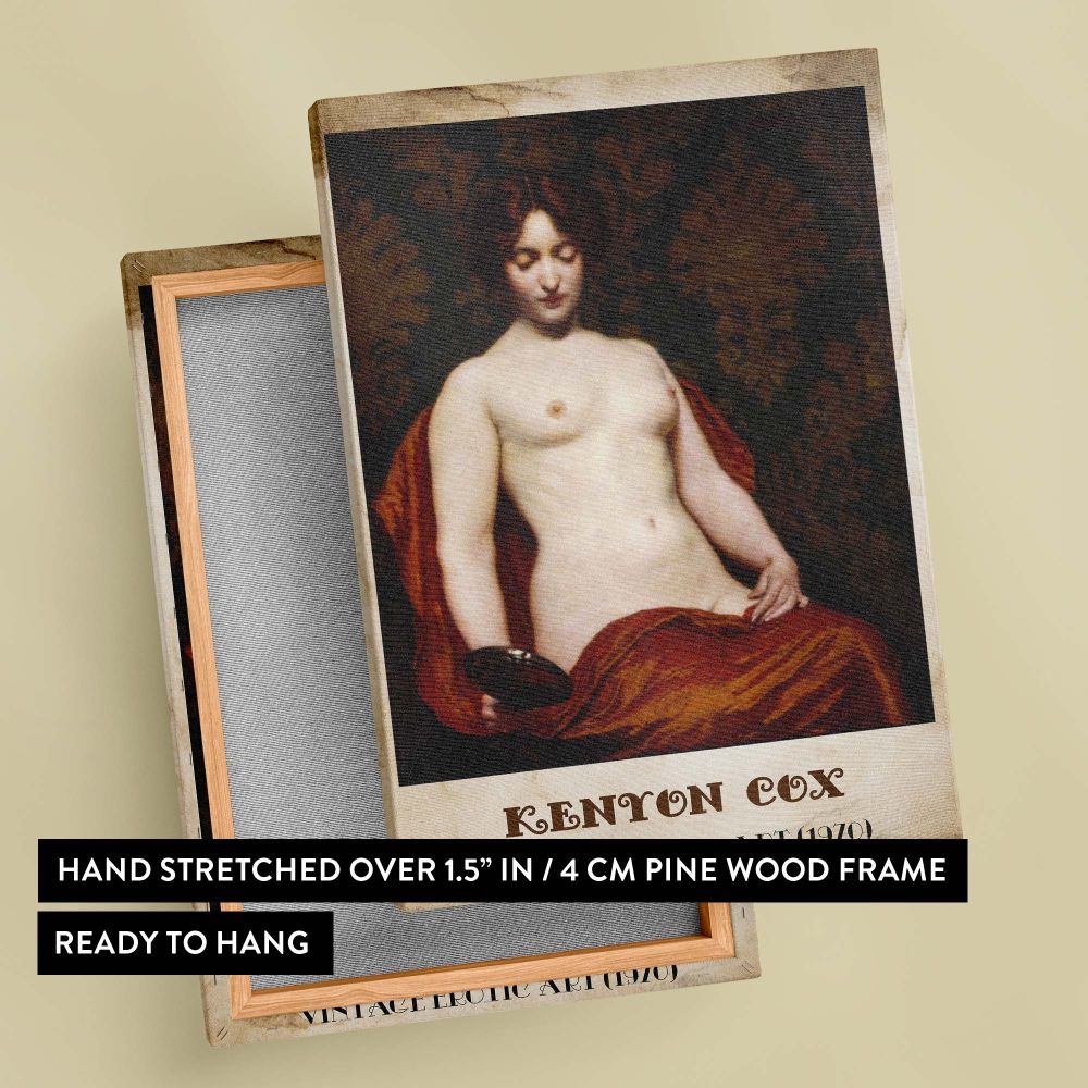 The Silver Hand Glass by Kenyon Cox (1907) depicts a serene naked woman gracefully holding a silver mirror, draped in flowing red fabric, with a damask-patterned background, representing the sophistication of classical vintage artwork.