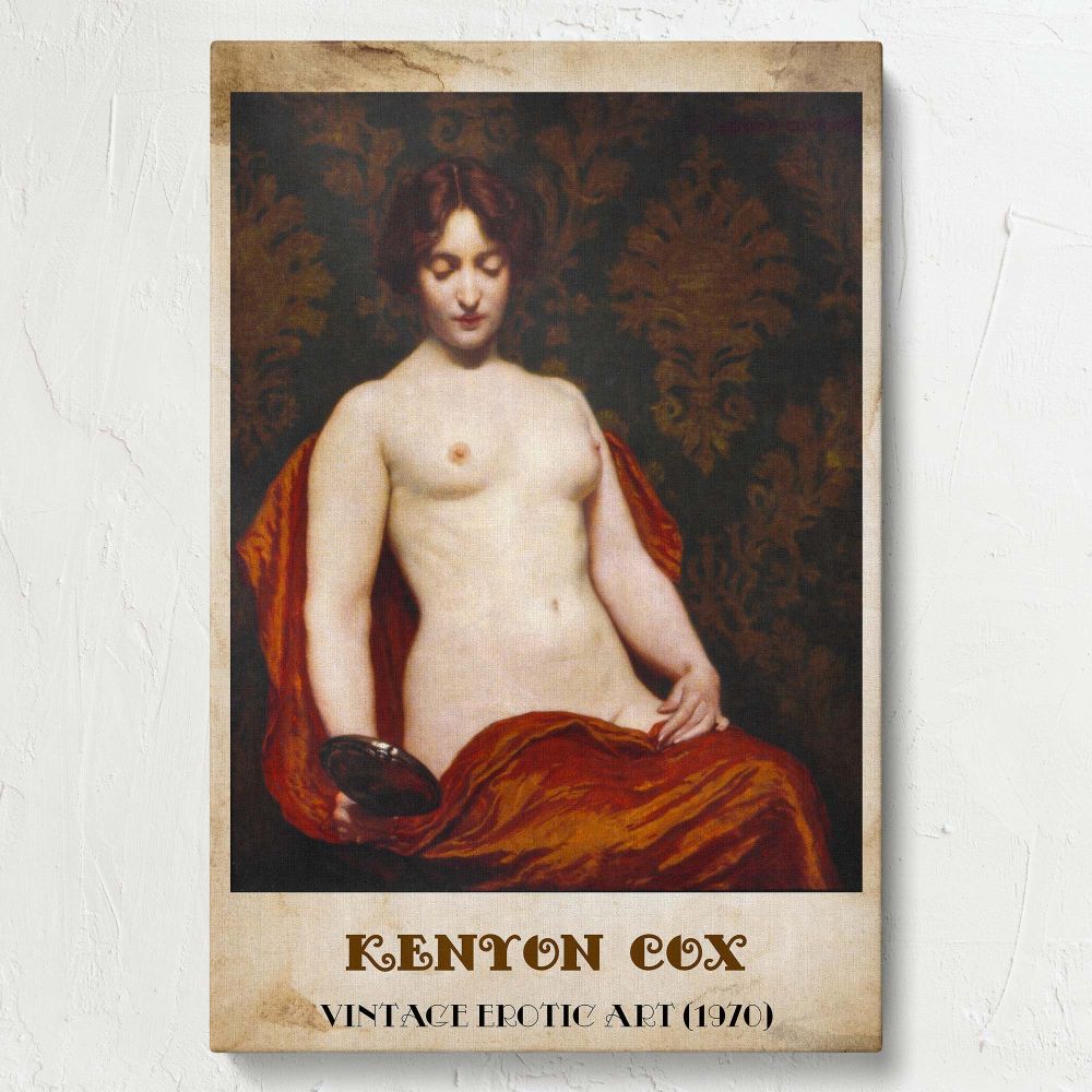 A stunning artwork titled The Silver Hand Glass by Kenyon Cox from 1907, showing a naked woman holding a silver mirror, with rich red fabric draped over her figure, set against an ornate damask background, epitomizing elegance in vintage art.