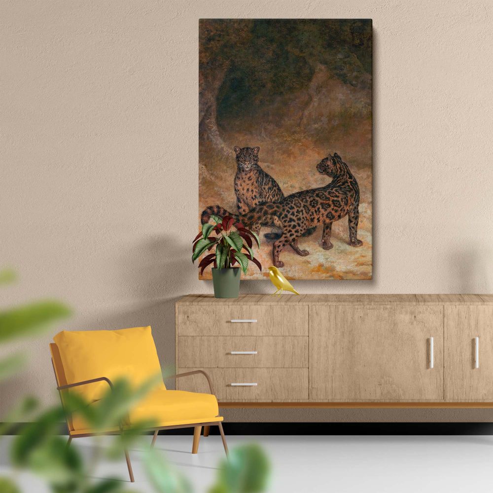 Clouded Leopards by Jacques Laurent Agasse ca. 1825 highlights two stunning leopards standing in a tranquil forest setting, their lifelike fur patterns and graceful stance reflecting the natural elegance of these majestic wild animals.