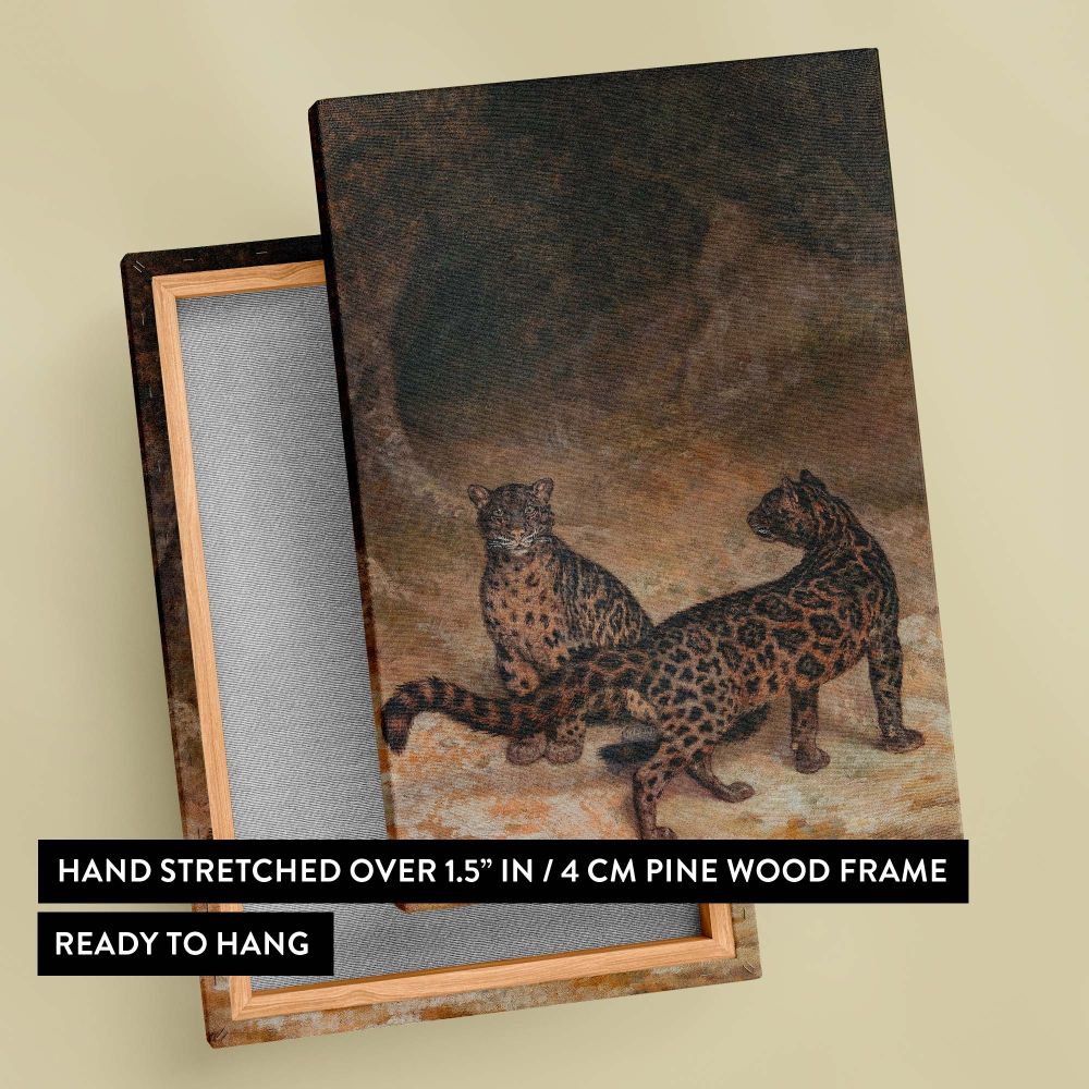 Jacques Laurent Agasse captures the beauty of two clouded leopards in his 1825 painting, where the animals' intricate spotted coats and the deep tones of the surrounding forest showcase the artist's ability to blend realism with naturalistic artistry.