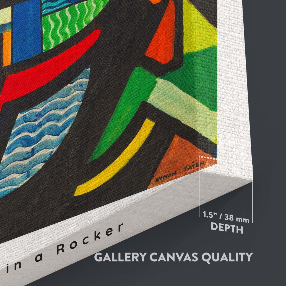 Henry Lyman Sayen's abstract artwork Daughter in a Rocker, highlighting bold shapes, bright colors, and innovative design elements, creating a visually captivating modernist wall canvas for artistic home interiors or gallery spaces.