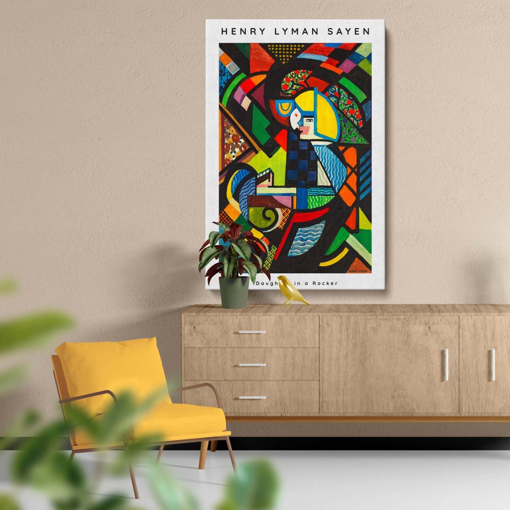 Daughter in a Rocker artwork by Henry Lyman Sayen, showcasing dynamic abstract patterns with vibrant hues and geometric elements, offering a bold and expressive vintage wall canvas ideal for adding artistic flair to any space.