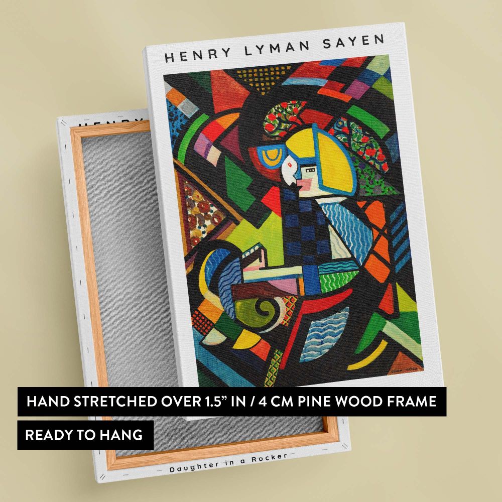 Colorful abstract painting Daughter in a Rocker by Henry Lyman Sayen with intricate geometric forms and bold design, blending modernist influences and vibrant colors to create a stunning artistic piece for contemporary wall decor.