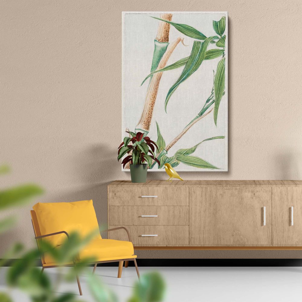 Exquisite Japanese bamboo canvas wall art inspired by 1870-1880 works of Megata Morikaga, showcasing hand-painted style botanical details of green bamboo stalks and leaves for a nature-inspired and timeless piece of home or office decor.