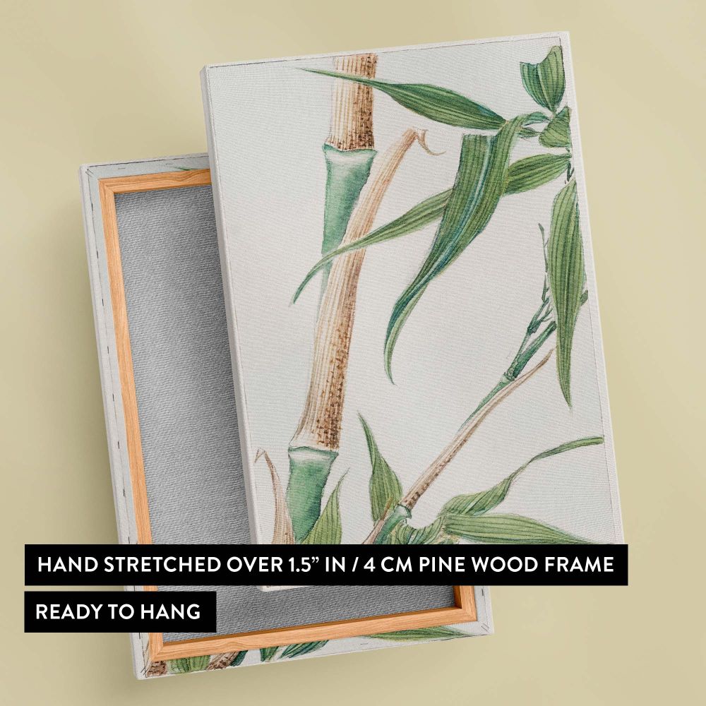 High-quality Japanese bamboo wall canvas showcasing a blend of antique artistic design and lush botanical elements, featuring green leaves and bamboo stems, ideal for creating a peaceful, elegant vibe in bedrooms, living rooms, or offices.