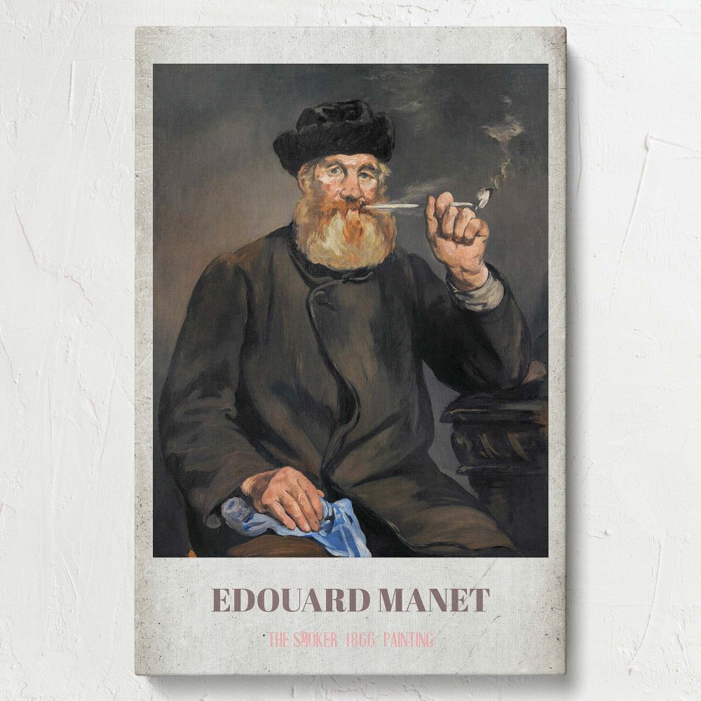 Artistic reproduction of The Smoker by Edouard Manet as a high-resolution canvas, featuring muted colors and elegant details of a man smoking a pipe, ideal for adding cultured, historical charm to living rooms or office spaces.
