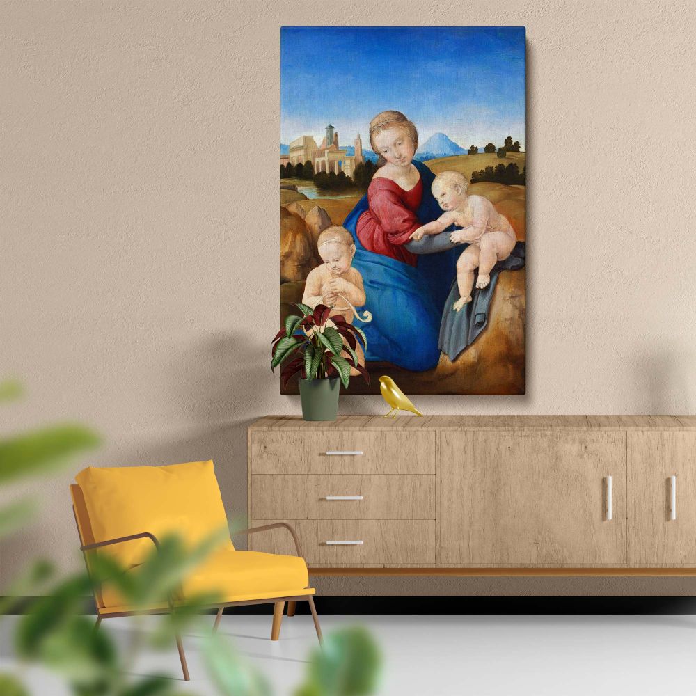 Raphael's timeless Madonna and Child with the Infant Saint John 1508 art on canvas depicting divine grace, detailed brushwork, and harmonious composition, perfect for sophisticated decor in bedrooms, offices, or homes inspired by Renaissance art.