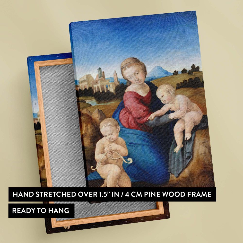Madonna and Child with the Infant Saint John by Raphael 1508 printed on a premium canvas featuring serene tones, religious themes, and a detailed landscape, ideal for adding cultural depth and classic elegance to home or office interiors.
