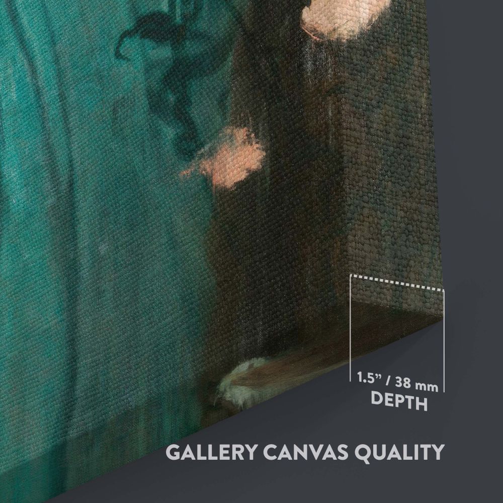 Edgar Degas' Young Woman with Ibis 1860-1862 wall canvas featuring a contemplative woman in flowing teal drapery with bold red ibises, making it a captivating and dramatic centerpiece for vintage-inspired or artistic interior decor.