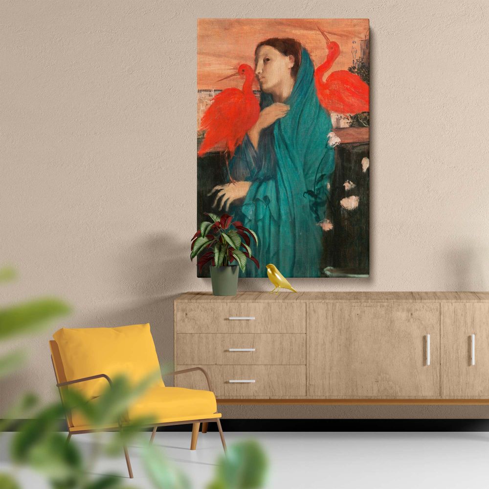 Young Woman with Ibis painting by Edgar Degas reproduced as a canvas print showcasing a serene figure in teal with vivid red ibises, perfect for adding artistic depth and historical charm to classic, modern, or traditional spaces.
