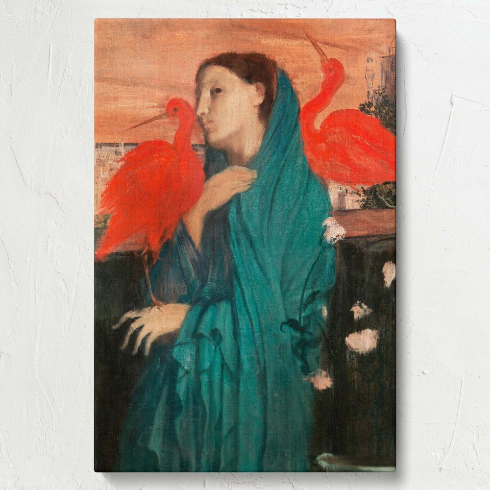 Edgar Degas' timeless painting Young Woman with Ibis on a high-quality canvas highlighting a serene woman in teal with vibrant red birds, perfect for elevating home or office interiors with sophisticated and impressionist-inspired wall art.