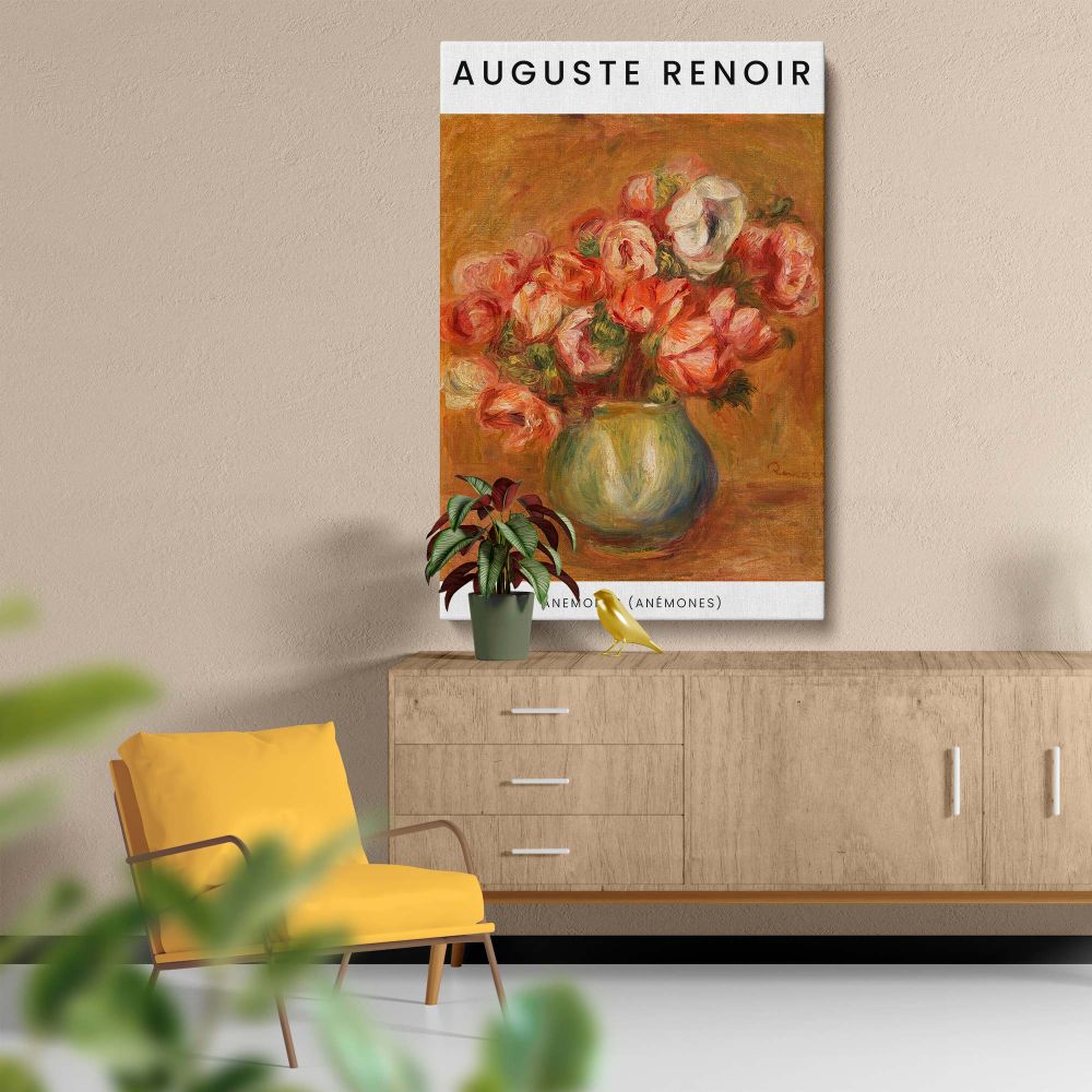 Renoir's Anemones flower painting as a stunning wall canvas featuring warm pink, red, and green tones with dynamic brushwork, perfect for elevating the charm of living rooms, bedrooms, or offices with timeless Impressionist artistry.