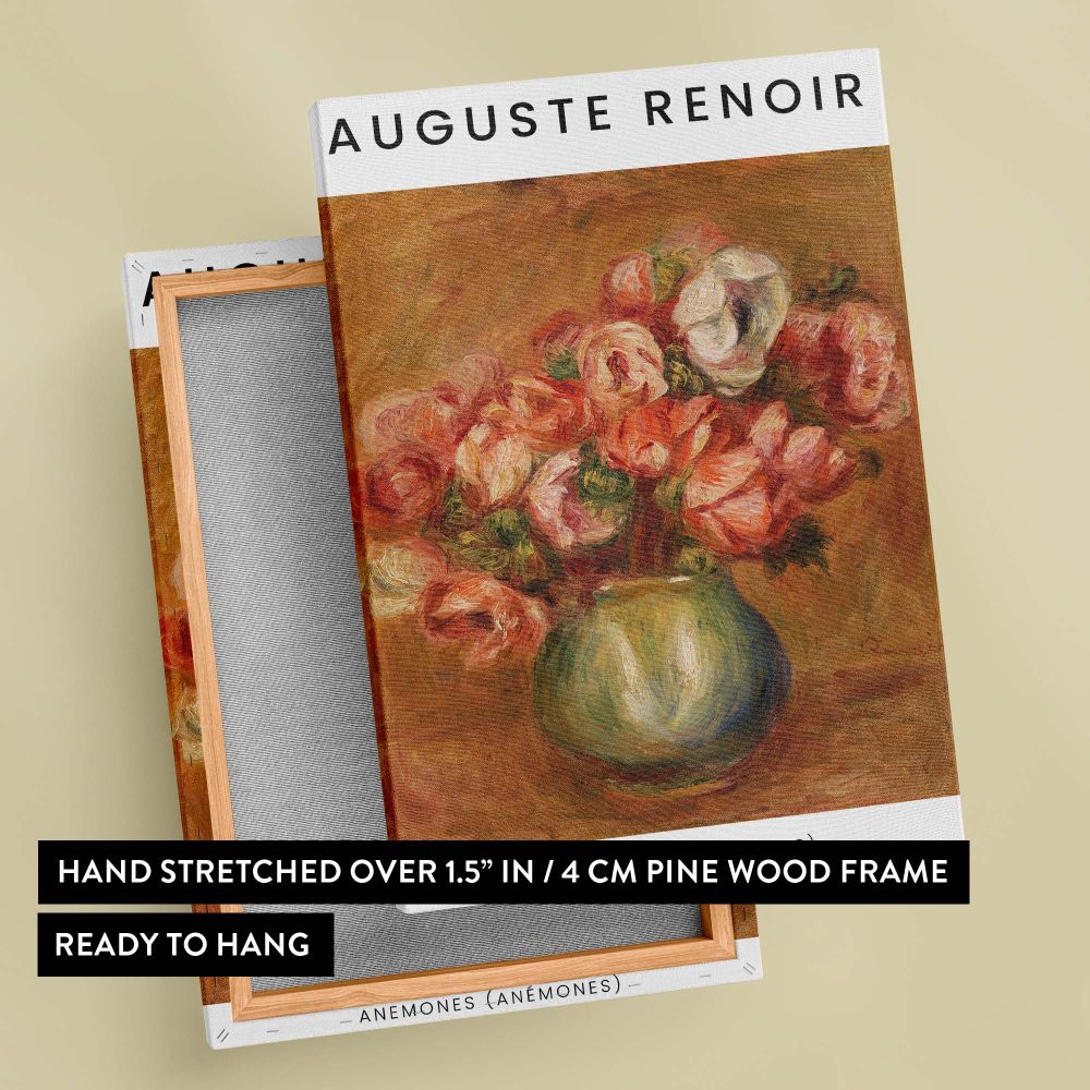 Impressionist flower art by Auguste Renoir featuring Anemones as a high-quality canvas print showcasing soft floral hues in a green vase, making it an ideal decor piece for adding elegance and warmth to classic or contemporary interior designs.