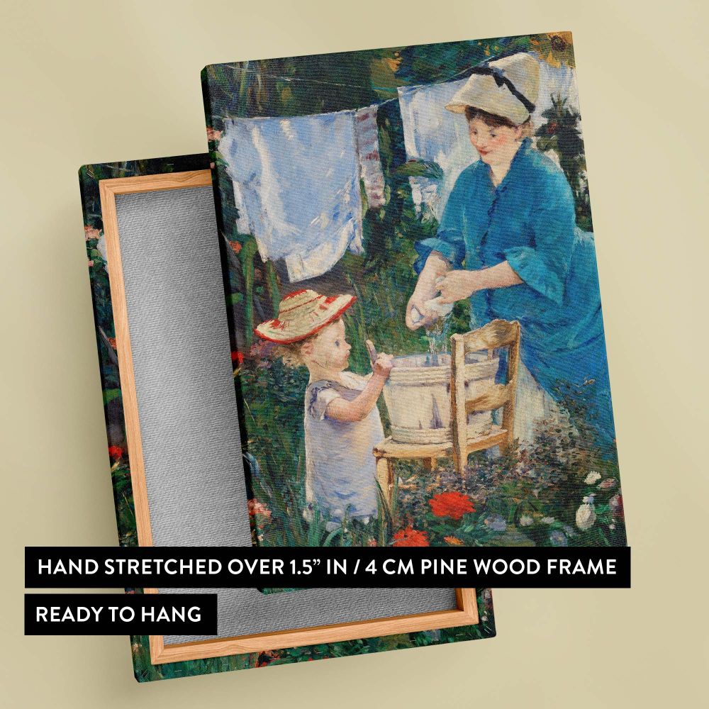 Premium-quality canvas of Manet's Le Linge 1875 featuring lush brushstrokes and warm colors depicting a domestic outdoor scene, ideal for creating a serene and welcoming atmosphere in living rooms, bedrooms, or offices.