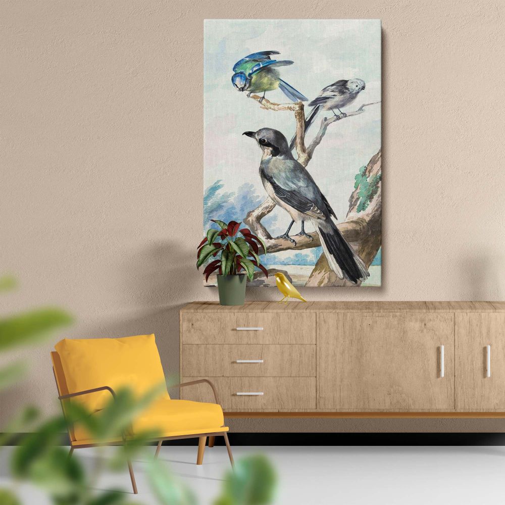 High-quality reproduction of Three Birds 1756 painting on canvas showcasing a Long-tailed Tit, Blue Tit, and Great Gray Shrike with detailed brushwork and soft colors, perfect for creating a calming and sophisticated atmosphere in any space.